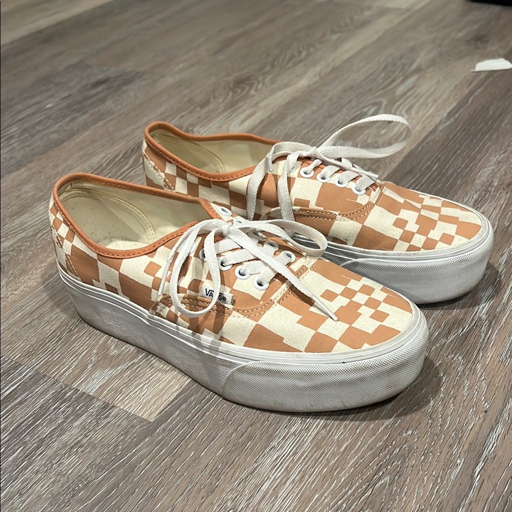 Vans Peach and Cream Checkerboard Platform Sneakers